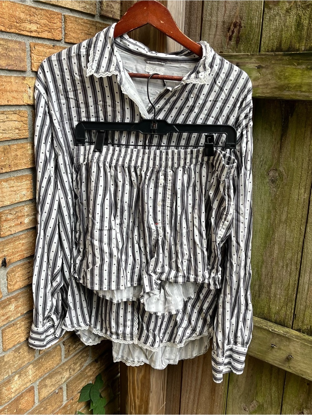 Aerie White and Black Striped Button-Up Pajama Set with Lace Trim